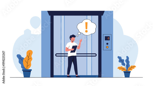 Concerned technician with a clipboard stands in front of a modern elevator checking for maintenance or repairs.