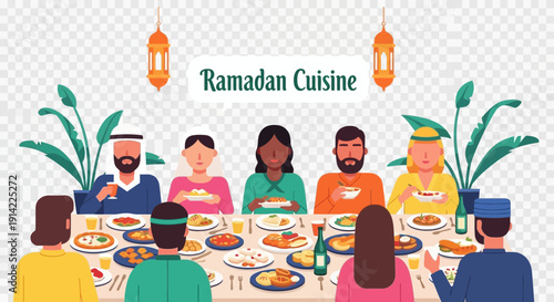 Diverse people gathered around a table laden with food.