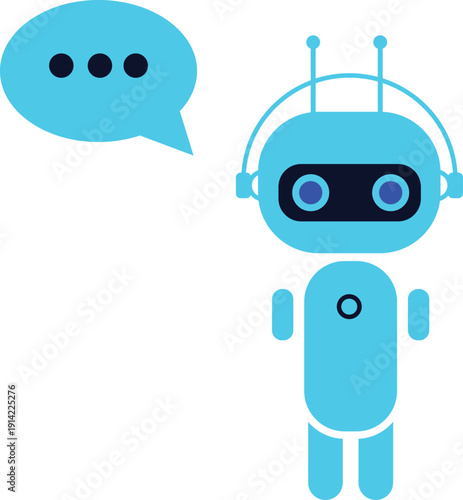 Friendly Blue AI Robot Customer Support Assistant With Chat Bubble