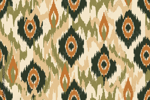Earthy Ikat Diamond Seamless Pattern in Boho Tribal Style. Abstract Ethnic Ikat Background in Green and Terracotta. Rustic Bohemian Wave Seamless Textile.Tribal Ikat for Fabric, Wallpaper, and Decor