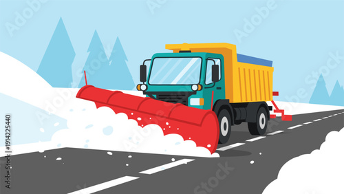 Yellow snow plow truck clears a winter road covered in thick white snow to ensure safe travel during a storm.
