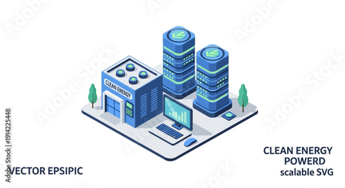 Isometric illustration of a clean energy data center with servers and computers.