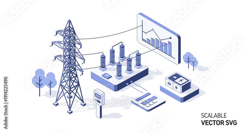 Isometric illustration of power transmission infrastructure and data analysis.