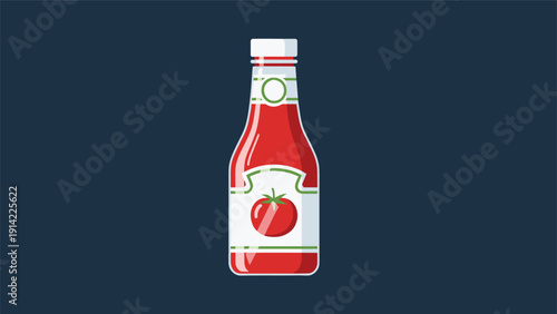 Tomato ketchup bottle illustration features a red condiment container with a green and white label against a dark blue background.