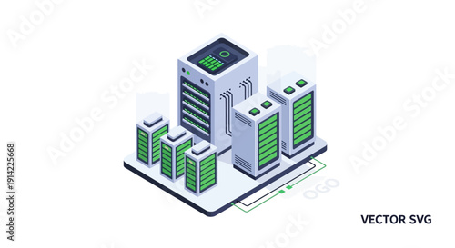 Isometric illustration of a data center with multiple server racks and a main control building.