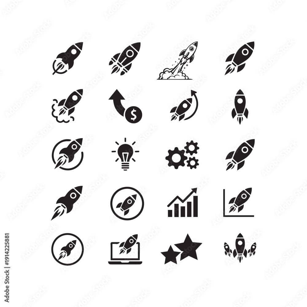 Fototapeta premium Rocket Startup Icon Set, Rocket Launch Icons Collection, Business Growth, Launch, Marketing Growth Symbols Innovation, Investment Vector Set, Success Vector Bundle 