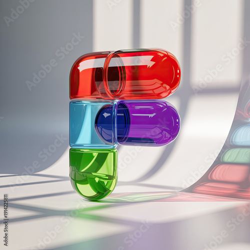 A colorful stack of translucent capsules on a white surface with natural light
