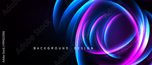 Abstract neon lines form swirling shapes. Vibrant blue, purple, pink glow against dark backdrop. Modern design element.