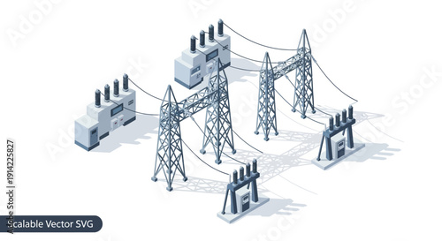 Electricity transmission towers and substations with power lines.
