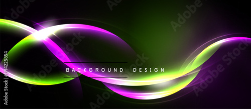 Abstract design features vibrant curves, green, purple hues. Dark background enhances luminosity, creating dynamic visual effect.