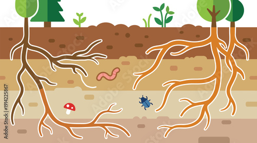 Tree roots, soil layers underground cross-section with organisms. Representing ecology, environment, growth in flat design, natural colors vector illustration.