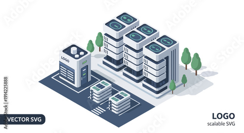 Isometric illustration of a data center with solar panels and trees.