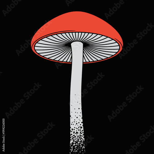 A striking illustration of a red and white striped mushroom against a dark background