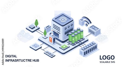 Isometric Digital Infrastructure Hub with Server and Network.