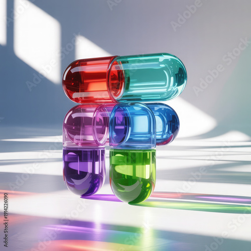 A stack of colorful translucent capsules on a reflective surface with light shining through