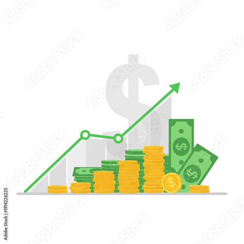 Financial Growth Concept: Upward Trend Graph with Stacks of Money and Coins