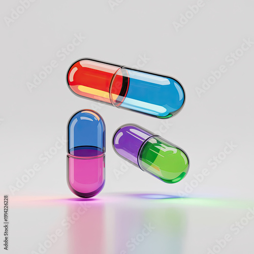 A colorful illustration of three floating capsules with vibrant liquids inside