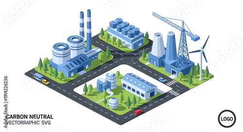 Isometric illustration of a carbon neutral industrial complex with renewable energy sources.