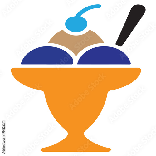 Ice cream sundae icon with cherry on top in bowl with spoon for dessert menu design element for sweet food illustrations flat vector graphic isolated on transparent background for catering