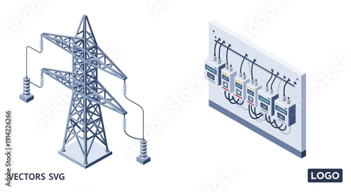 Electricity transmission tower and electrical substation diagram.