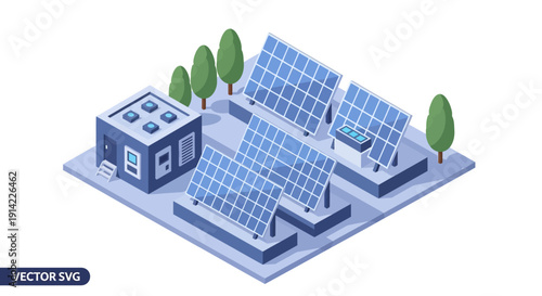 Isometric illustration of solar panels and a building.
