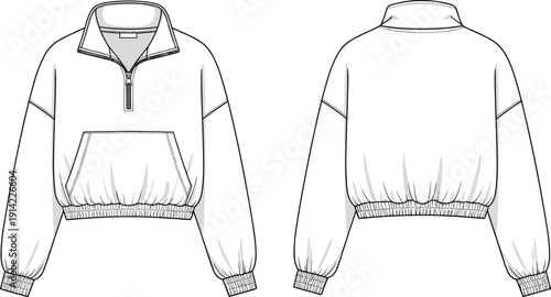 Cad drawing flat vector illustration of a women's cropped quarter zip pullover sweatshirt featuring a kangaroo pocket and elastic waistband,