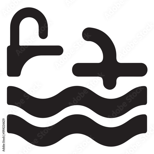 Silhouette icon depicting a swimming pool with a diving board and a slide, featuring stylized water waves, representing recreational water activities