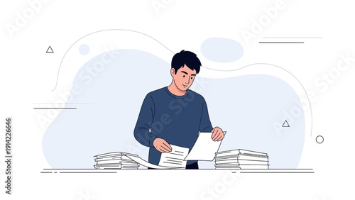 Man Sorting Documents and Papers on Desk