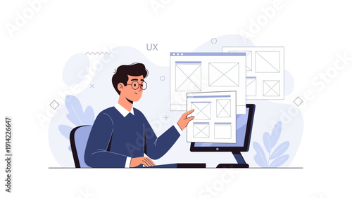 UX designer working on website wireframes on computer screen, user experience concept