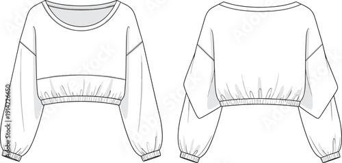 Cad drawing flat vector illustration of a women's cropped long sleeve sweatshirt featuring a round neck, elasticated hem, and cuffs,