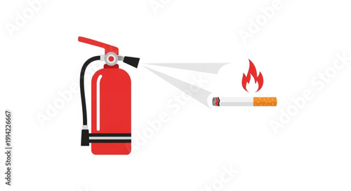 Fire extinguisher spraying water on burning cigarette symbolizing fire safety and prevention measures