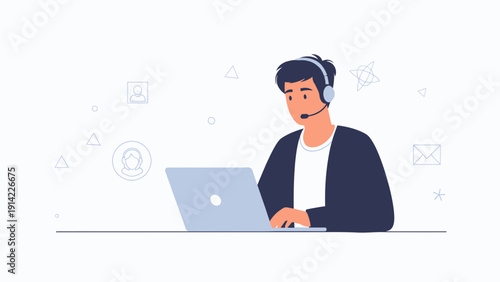 Customer Service Agent with Headset Working on Laptop, Modern Flat Illustration