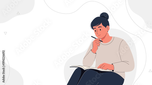 Young woman writing in notebook, creative thinking, studying, planning, minimalist illustration
