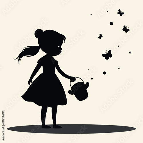 Vector art illustration of a girl raising her hand to the sky to catch a butterfly