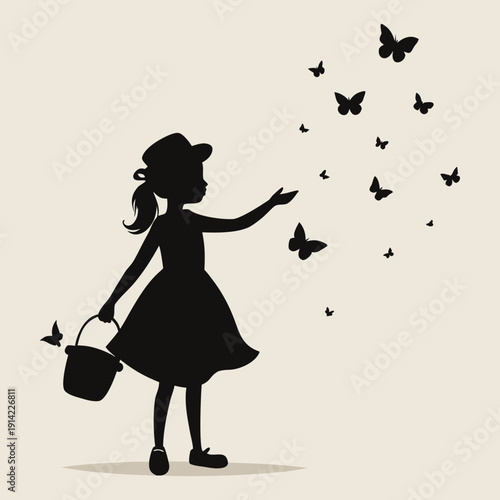 Vector art illustration of a girl raising her hand to the sky to catch a butterfly