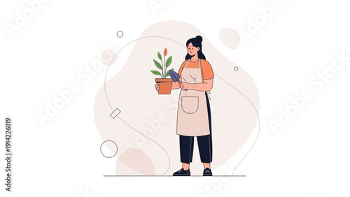 Woman Gardener Caring for Potted Plant, Illustration