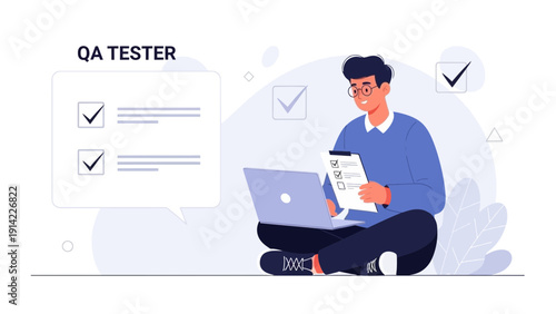 QA Tester Doing Quality Assurance with Laptop and Checklist