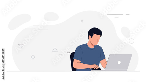 Man working on laptop at desk, modern flat illustration