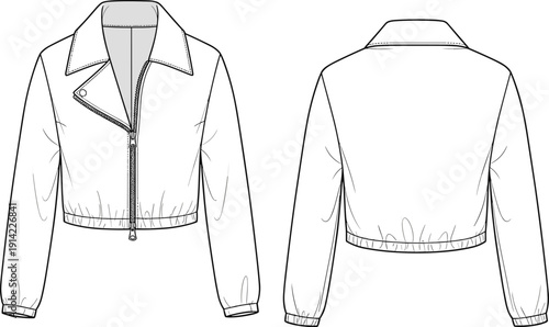 Cad drawing flat vector illustration of a women's cropped biker jacket featuring an asymmetrical zipper, notched lapel, and elastic hem,