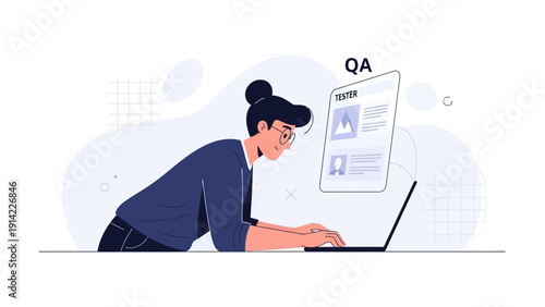 Woman working on laptop, quality assurance testing, software development concept