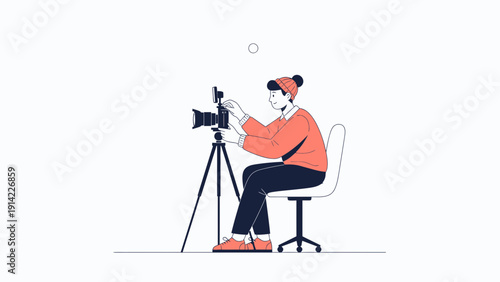 Filmmaker operating camera on tripod, content creation concept, flat illustration