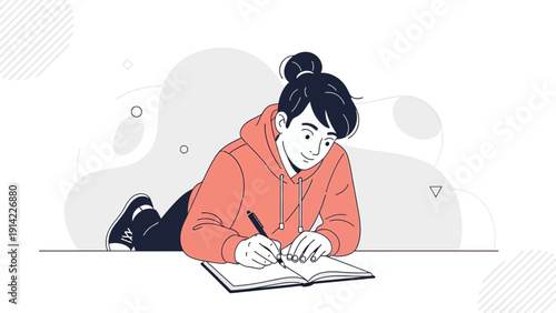 Young Person Writing in Notebook, Modern Illustration, Creative Study