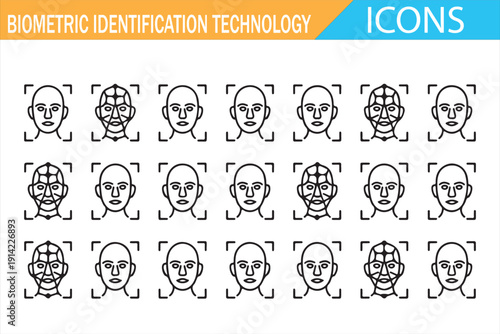 Biometric identification technology outline icon set, face recognition scan symbols, digital identity verification, security authentication line icons for UI UX
