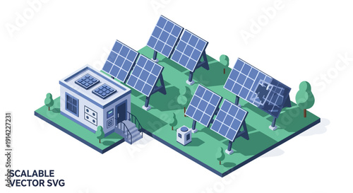 Isometric illustration of solar panels and a house with renewable energy.