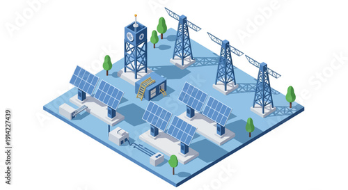 Isometric illustration of a sustainable energy production facility with solar panels and power transmission towers.