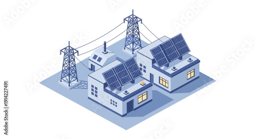Isometric illustration of houses with solar panels and power transmission towers.