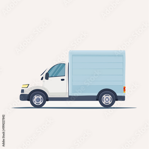 A Detailed Illustration of a White Box Truck with a Blue Cargo Area parked against a Plain White Background