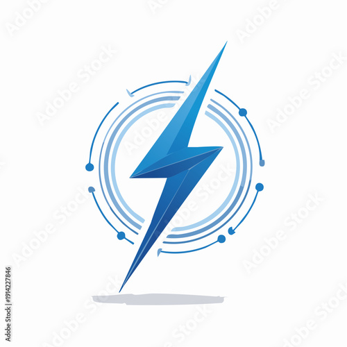 A stylized blue lightning bolt, representing speed, power, and electricity, is encircled by an abstract digital network graphic, symbolizing modern technology and data connectivity