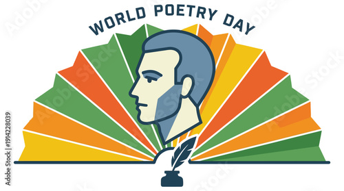 World Poetry Day Celebration with Poet's Profile and Fan-like Background