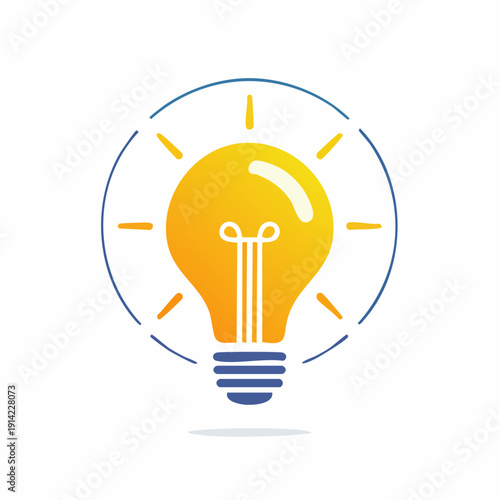 Vibrant Yellow Light Bulb Illustration with Radiating Rays, Symbolizing a Bright Idea, Innovation, and Creative Thinking within a Circular Outline on a White Background